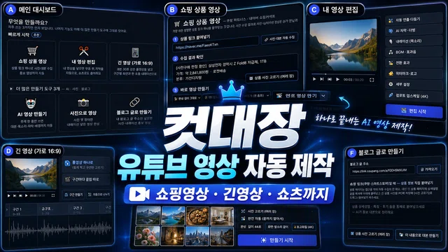 컷대장 실제 화면 — 쇼핑 상품 영상·긴 영상·쇼츠·블로그 글로 영상 만들기
